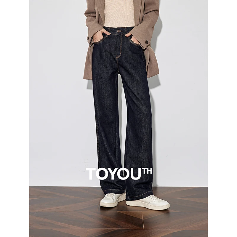 TOYOUTH Women Denim Jeans 2024 Autumn and Winter New Mid Waist Straight Wide Leg Long Pants