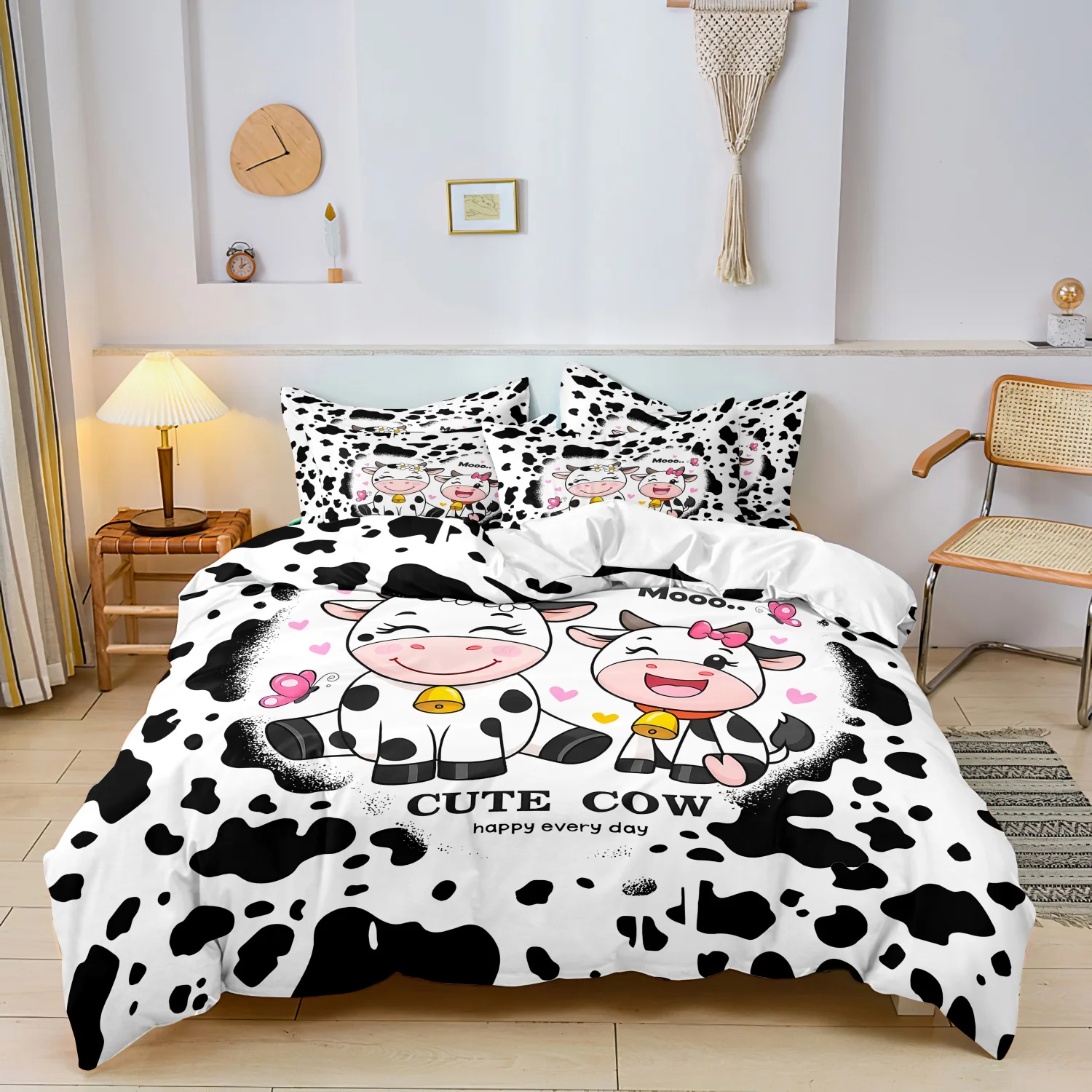 3 Pieces Cow Duvet Cover Set, Black White Cow Spot Butterfly Heart Pattern Bedding, Machine Washable Soft Breathable Bedding