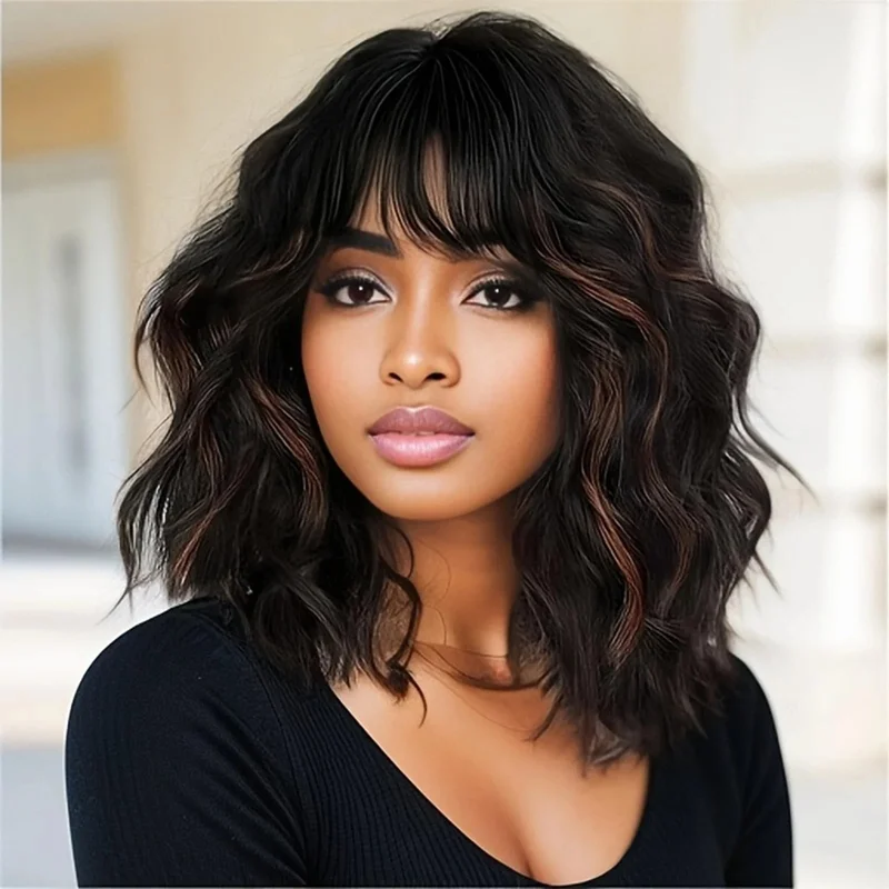 Real Hair New Fashion Gorgeous Long Dark Brown Wavy Women's Wigs 14InRe