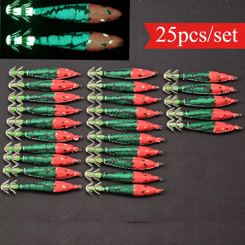 25pcs 10cm Horizontal Squid Jig Hook Luminous Shrimp Fishing Lure Saltwater Shrimp Bait for Octopus Cuttlefish Fishing Supplies