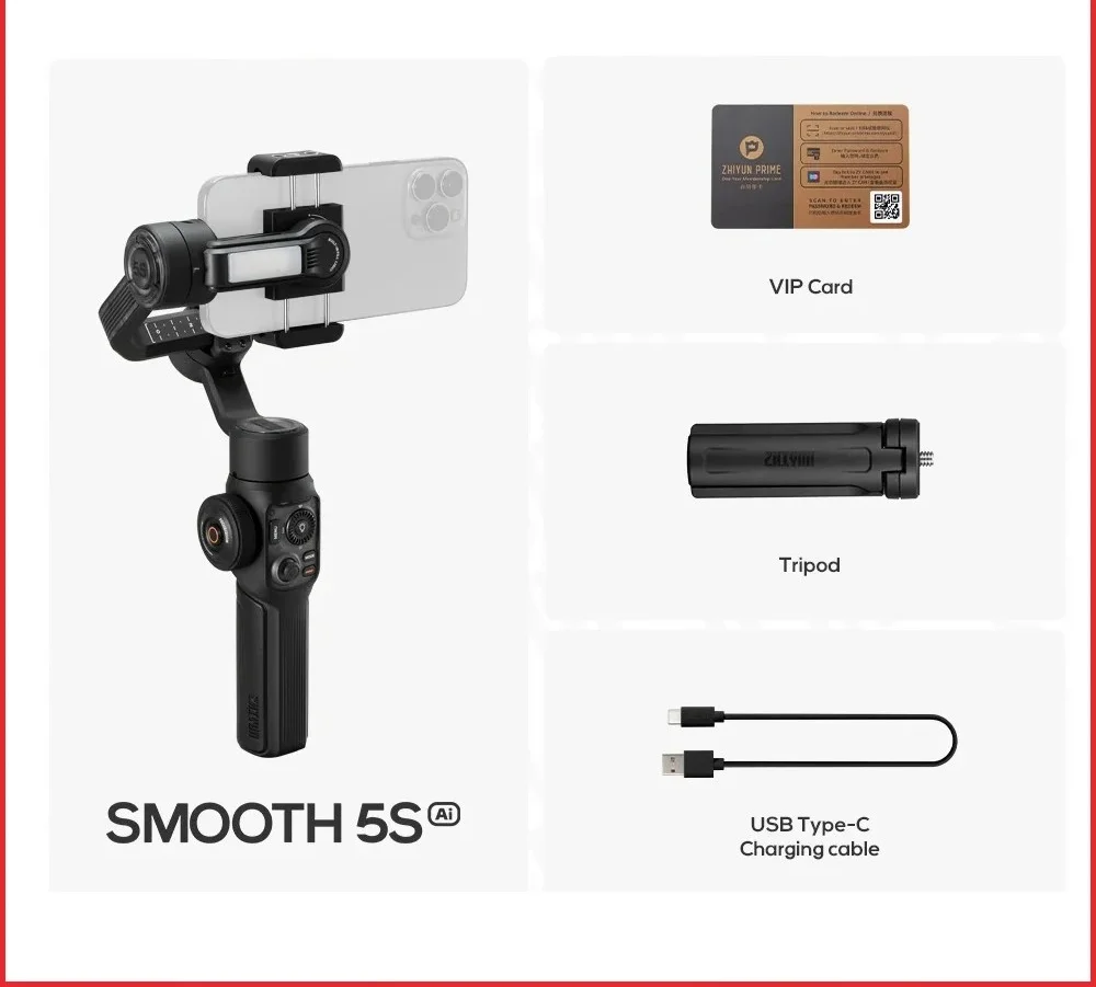 Zhiyun Smooth 5S AI 스마트폰 안정기 짐벌, 3 축 핸드헬드, 아이폰 15 프로 맥스 14 13 샤오미 삼성 화웨이 VS DJI OM 6