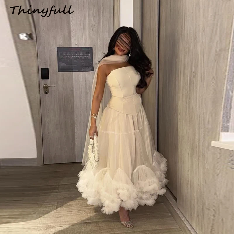 

Thinyfull A-line Arab Prom Dresses Strapless Sleeveless Satin/Tulle Evening Party Dress Formal Gown robes de soirée Customized