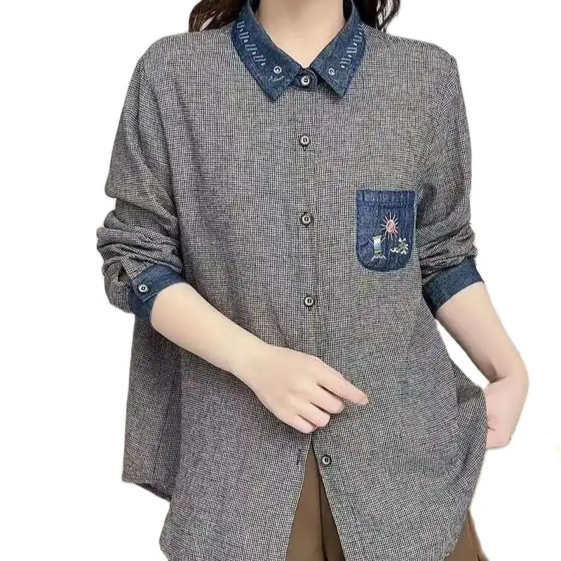 New Summer Cotton Long Sleeve Shirts, Women Lapel Embroidery Top, Mori Girl Casual Sweet Loose Blouses, 2024 Autumn T478126QM