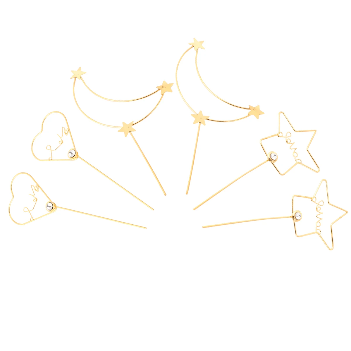

6pcs Moon Star Heart Shape Cake Picks Ornament Rhinestone Topper Dessert Decor Metal Material Safe Birthday Party