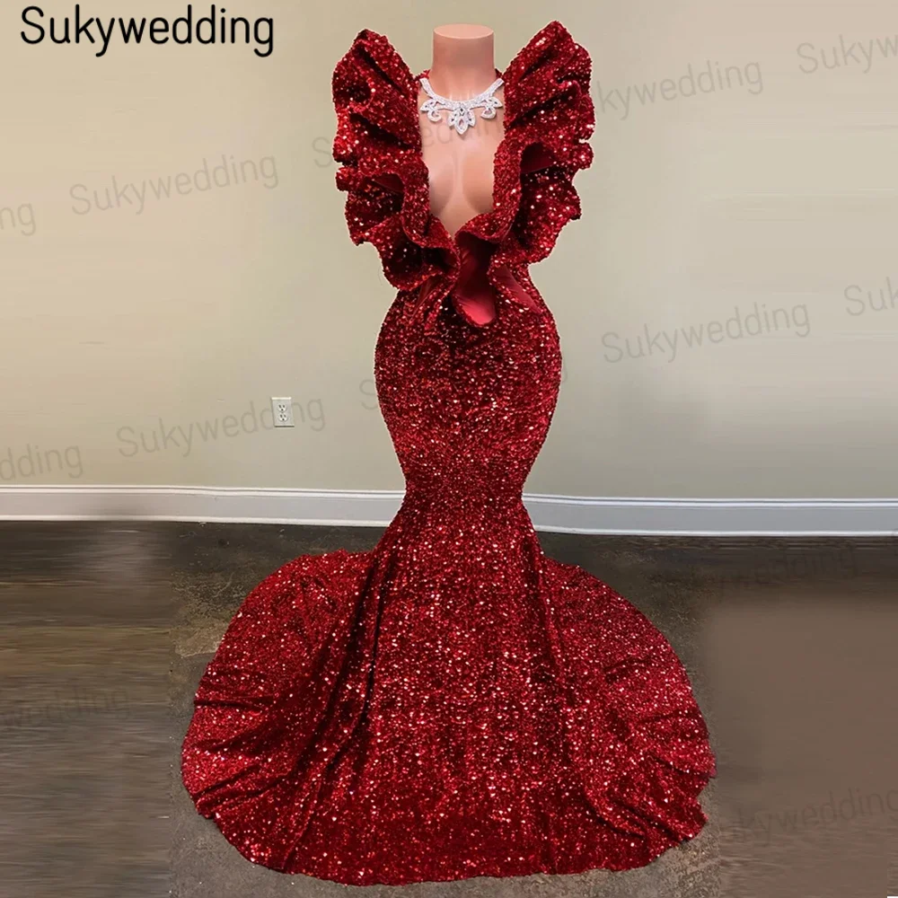 

Burgundy Mermaid Sequin Aso Ebi Evening Dresses Ruffles Deep V neck Sexy African Prom Second Reception Birthday Engagement Gown