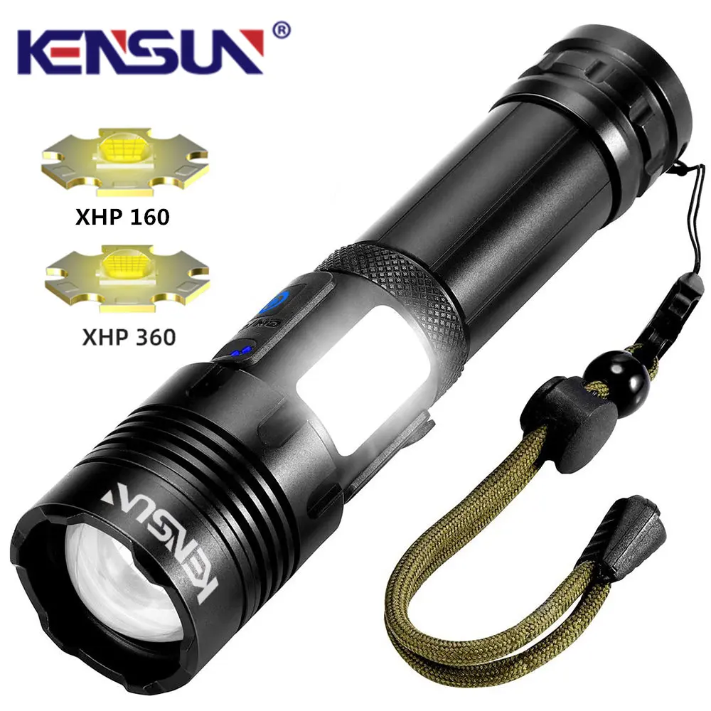 High Power XHP160/360 +COB Side Light Super Bright Flashlight 7 Modes IPX67 Waterproof Powerful USB Rechargeable Torch