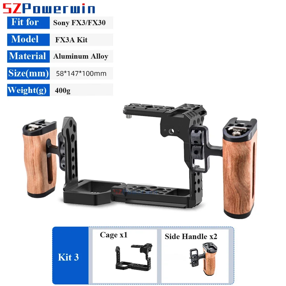 Powerwin For Sony FX3 FX30 Camera Cage with wooden Handle Kit Protective Rig Frame Gimbal Aluminum Alloy Arri Locating Screw