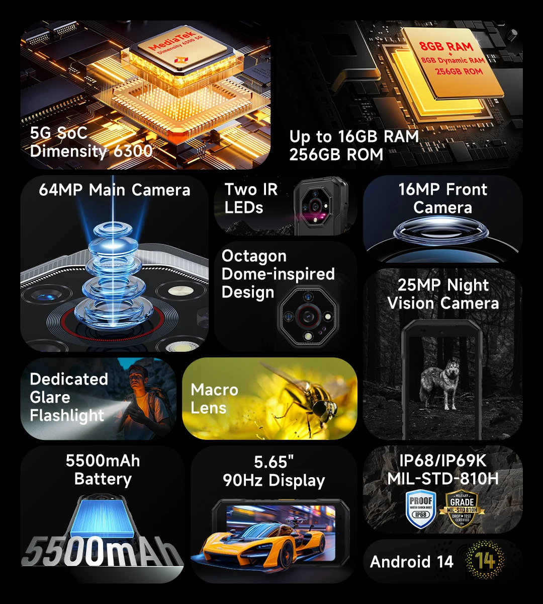 Ulefone Armor X32 Pro 5G Rugged Phone Android 14 16GB+256GB Dimensity 6300 Octa Core 64MP Camera NFC IP68/IP69K Waterproof