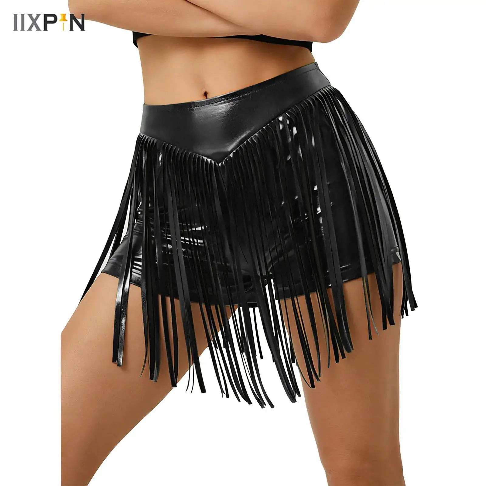 Womens Hot Pants Iridescent Metallic High Waist Tassel Fringed Booty Shorts Cheeky Shorts for Stage Jazz Dance Rock Clubwear
