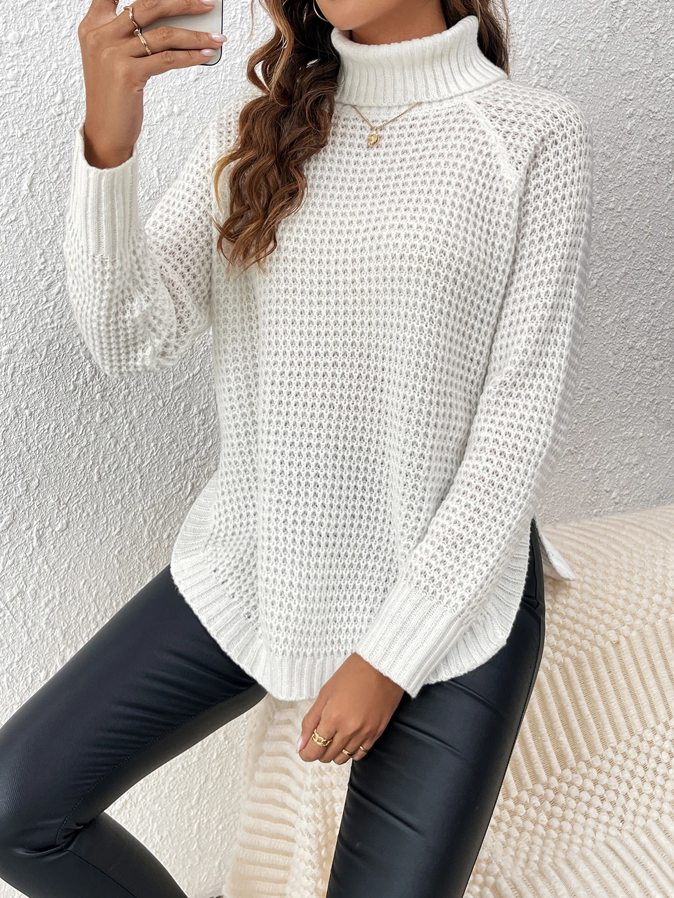 Women Turtle Neck Lantem Long Sleve Jumper Tops Oversized High Side Split Knit Sweater Trendy Slouchy Chunky Pullover