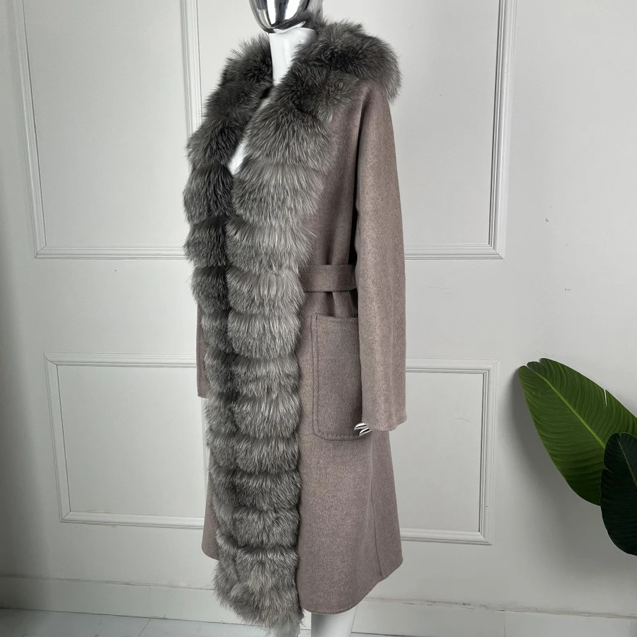 Wool Coats For Women Long Woolen Jackets With Real Sliver Fox Fur Trim Winter Warm Luxury Cashmere Coat Woman