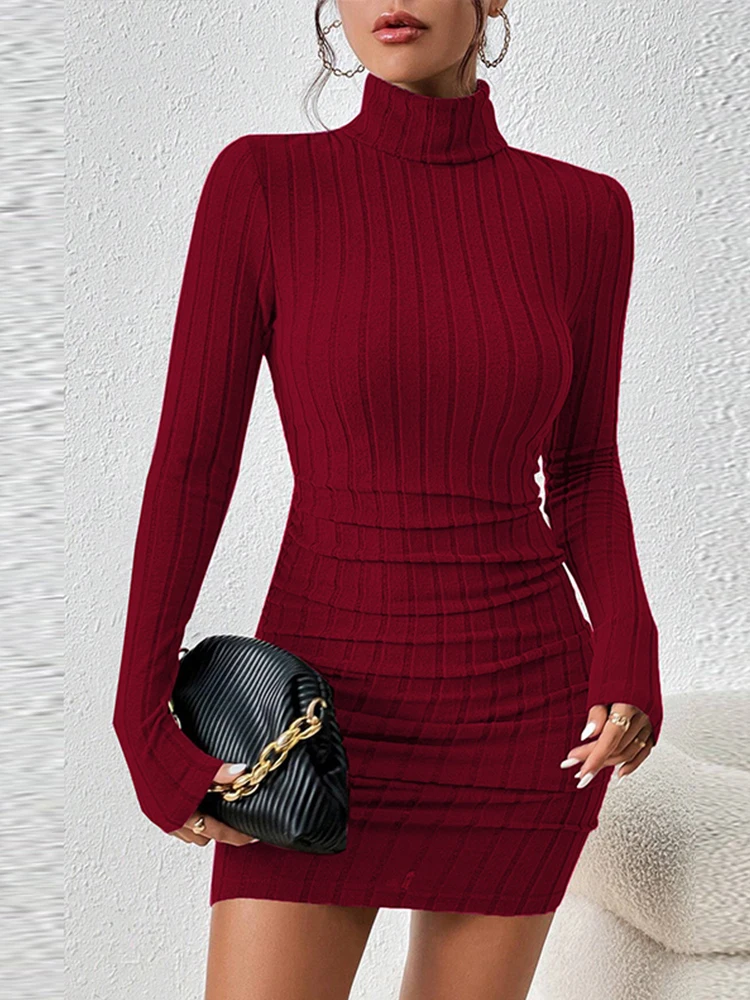 Knitted Turtleneck Bodycon Mini Dresses Women Sexy Slim Fit Solid Long Sleeved Dress Female Autumn Winter Chic High Street Robes