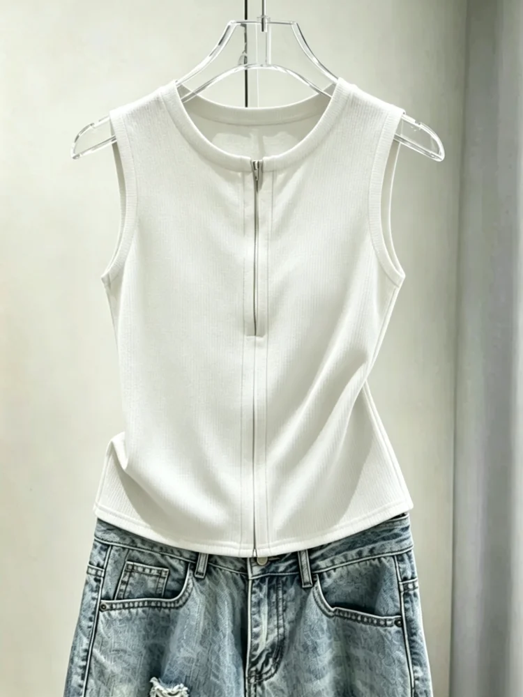 Slimming Cotton Blend Halter Neck Vest Women's Summer Wear Outerwear Innerwear Sleeveless Top Zipper Detail Waist Cinching