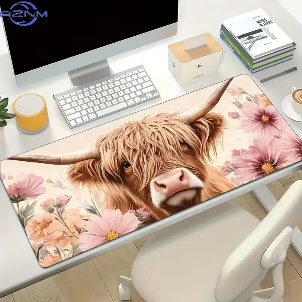 Highland Cow Pink Floral Large Desk Mat Non-Slip Stitched Edge Aesthetic Gaming Mouse Pad for Laptop Office Desktop