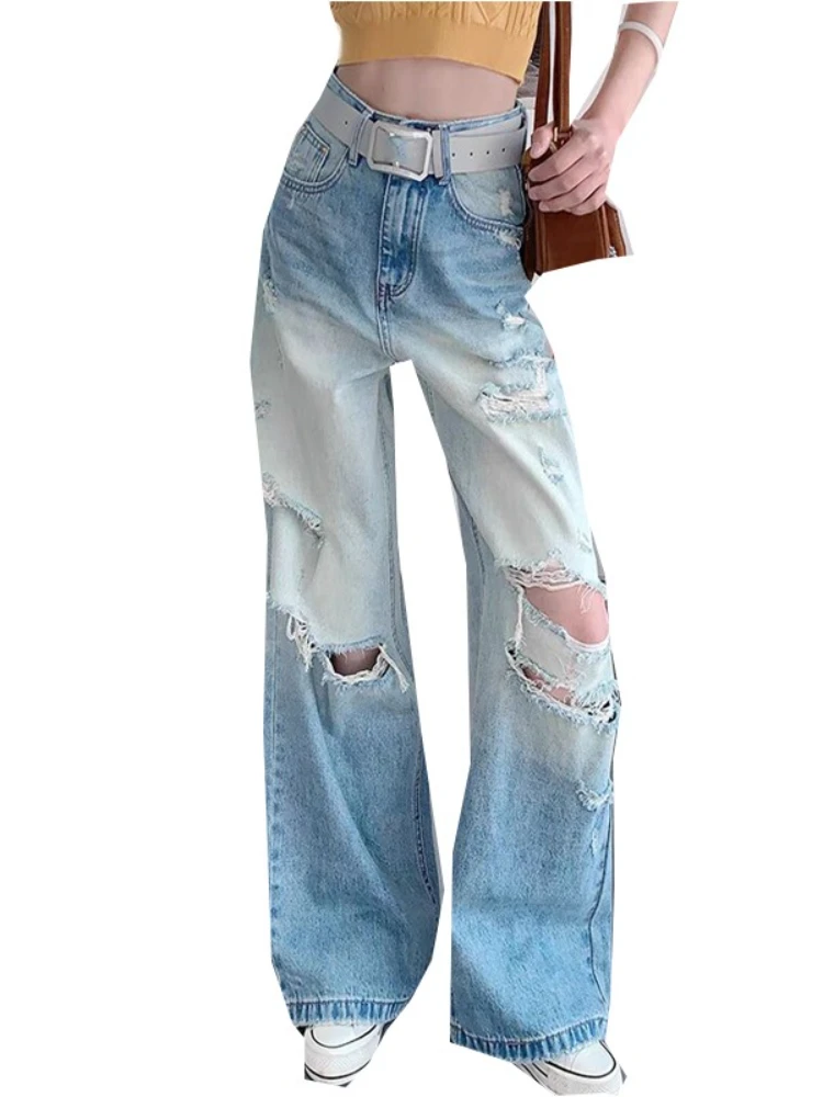 American style retro distressed ripped jeans for women 2025 new summer thin straight leg loose wide leg floor pants