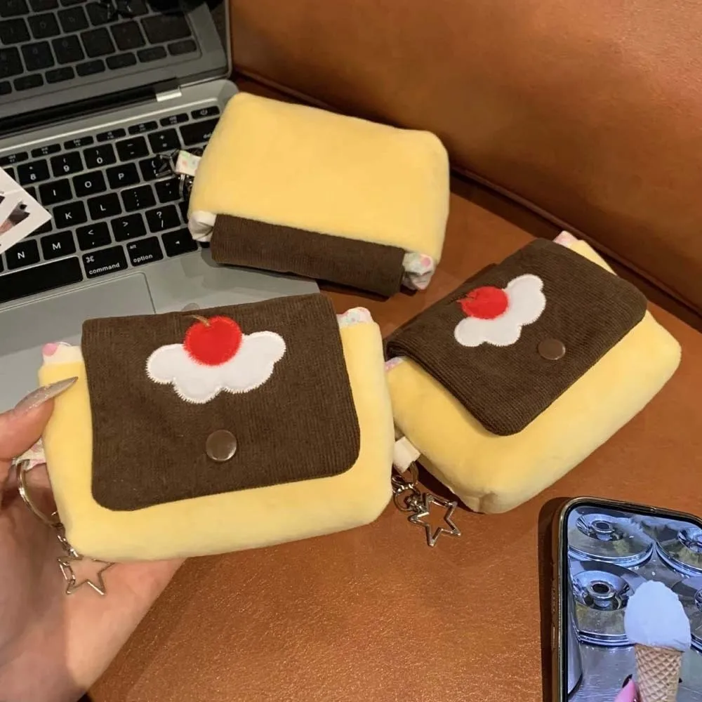 Cherry Pudding Design Coin Purse Soft Velvet Corduroy Texture Mini Pouch Wallet Cute Cake Embroidery Snap Button Closure