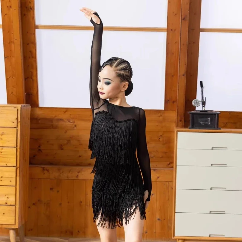 

Children Girl Sexy Latin Dance Dress Black Professional Competition Ballroom Dance Dresses Tassel Tanggo Cha-cha Waltz Dancewear