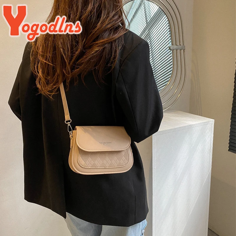 Yogodlns Luxury Flap Saddle Shoulder Bag For Women PU Leather Messenger Bag Vintage Brand Ladies Crossbody Bag Small Square Bag