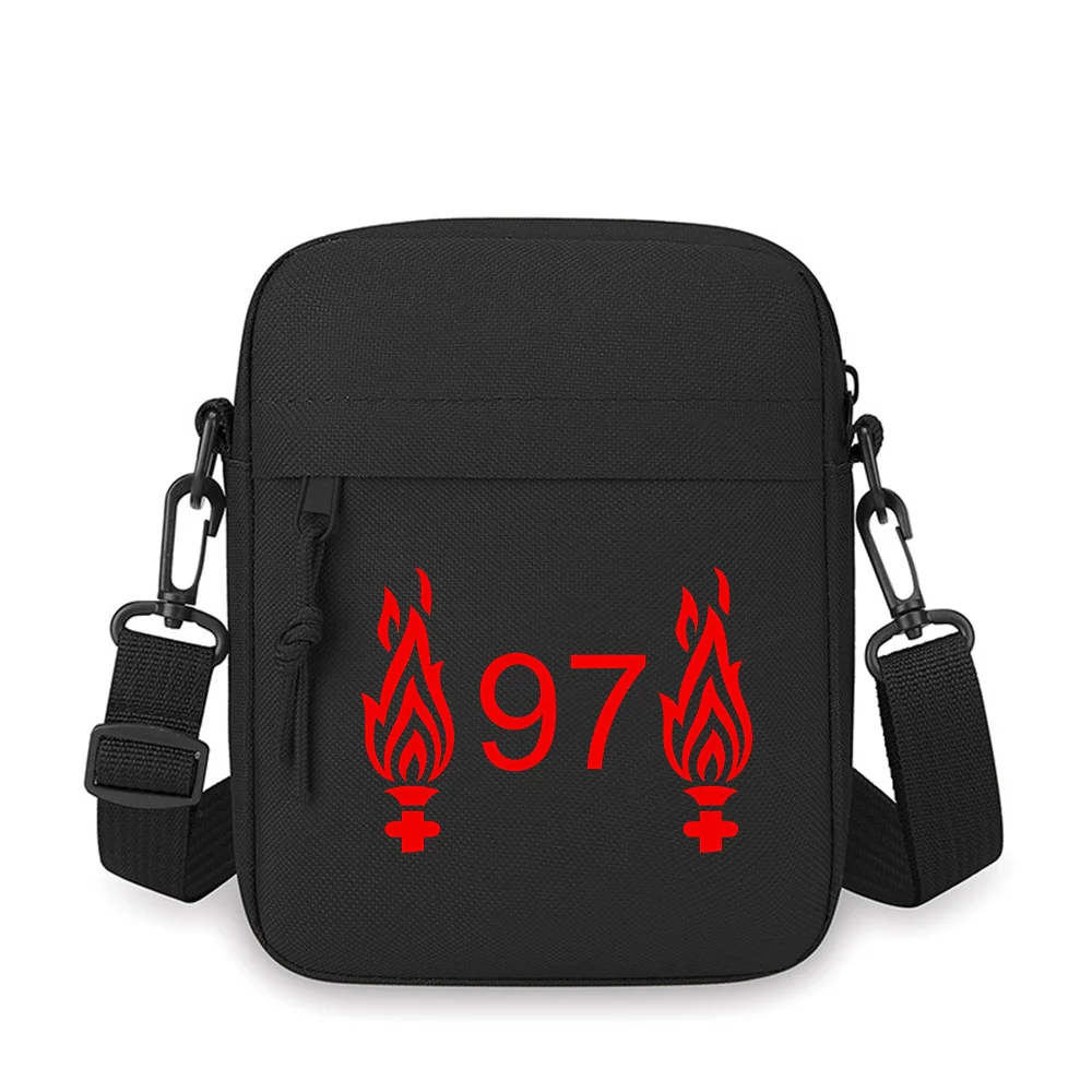 Torch flame with red number 97 on black Men Crossbody Bag Single Shoulder Women Cartoon Anime Film Printing Design Unisex