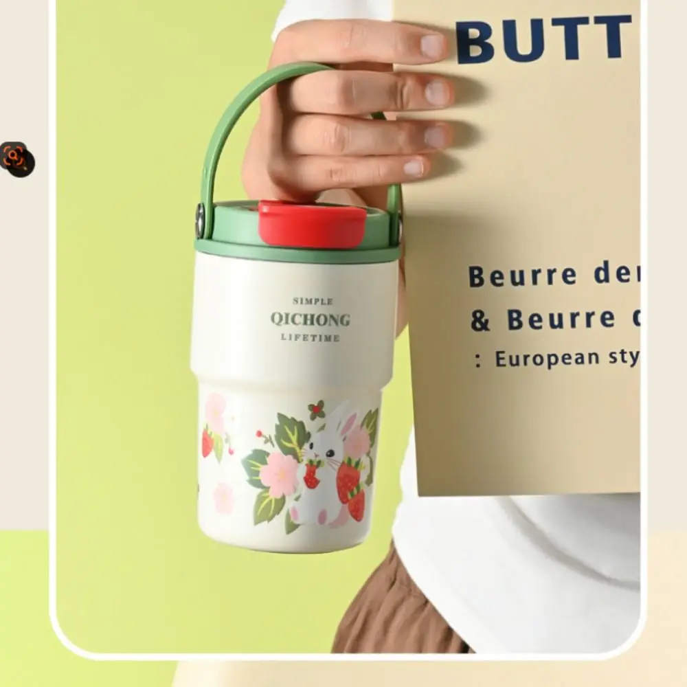 

New Ceramic Liner Insulated Cup 450ML Handle 316 Stainless Steel Thermos Cup Double drinking straw Thermal Mug Travel