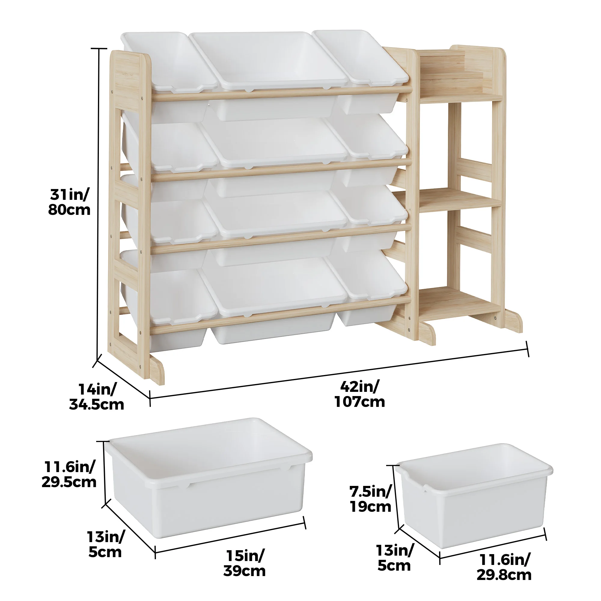 Solid Wood Kids Toy Memory Organizer Cabinet – 12 Bins & 3 Open Shelves – Wide Bookshelf Unit for Playroom, Nursery, Bedroom – 42