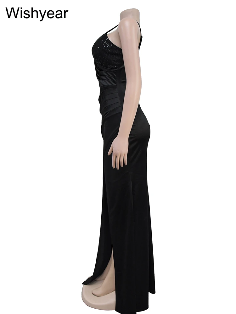 Wishyear Sexy Spaghetti Strap Sleeveless Slit Maxi Dress Women Black Sequin Patchwork Evening Wedding Party Prom Birthday Gowns