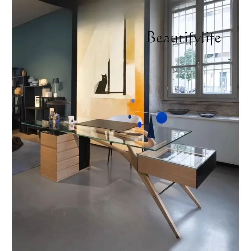 X Nordic Creative Glass Computer Desk Designer Solid Wood Personalized Office Desk Fashion Desk Premium