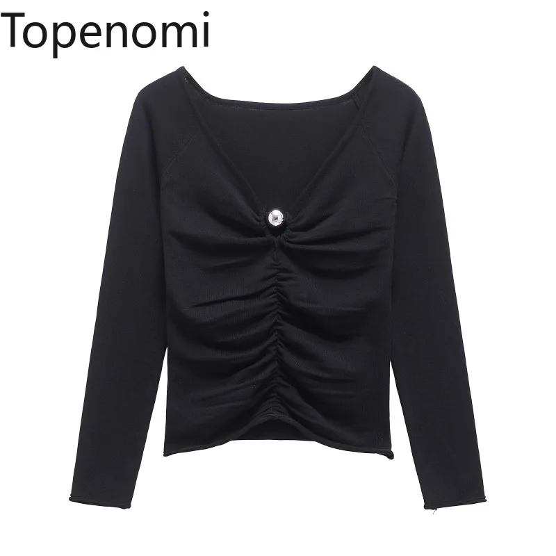 Topenomi Sexy T-shirt Women 2025 Spring Long Sleeve Shirring V Neckl Slim Short Tops Temperament Solid Color Versatile Chic Tees