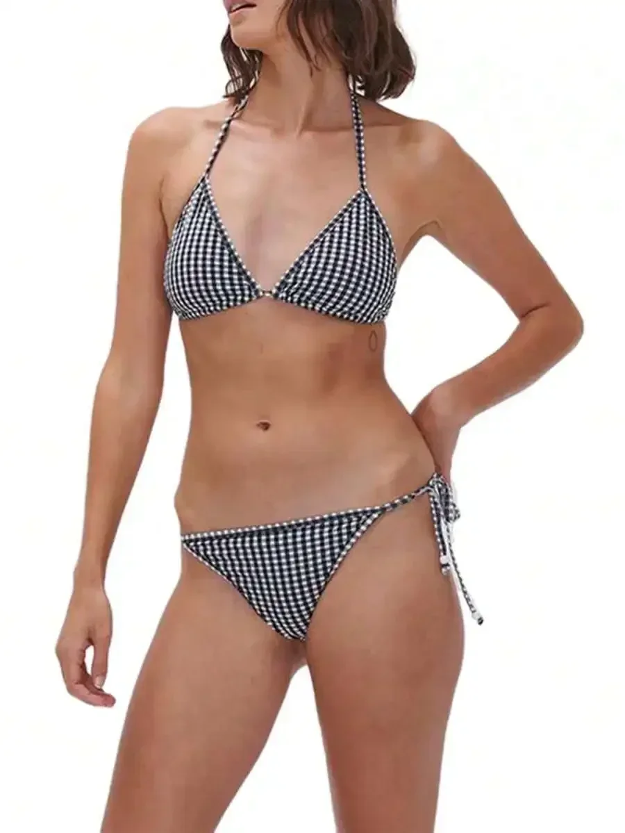 

Womens Gingham Print Halter Bikini Set With Tie-Up Low Waist Thong