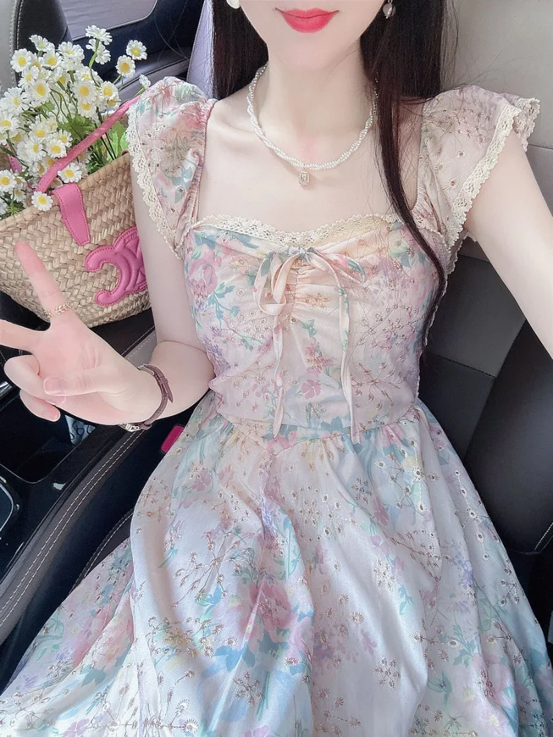 

Miiiix French Fashion Chiffon Dress 2024 Women's Summer Waist Collection Flying Sleeves Sweet Fragmented Flower Long Dresses