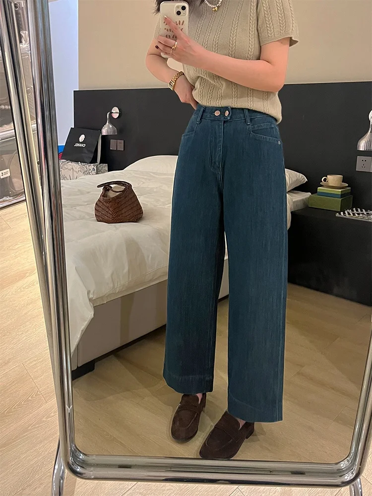 

Свободные прямые джинсы с высокой талией, женские широкие брюки, летние новые глубокие синие брюки для девяти и матери, хлопковые эластичные брюки...