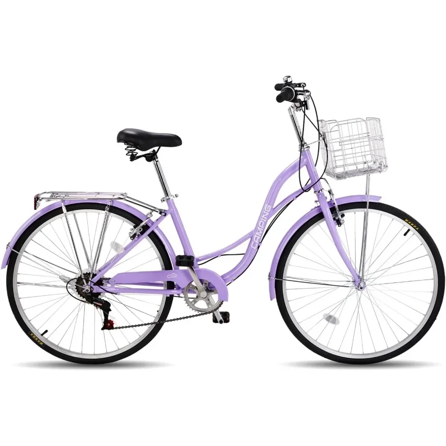 Bicicleta de paseo para mujer, con 7 velocidades, ideal para la playa, para uso diario, diseño ergonómico que permite una posición de conducción erguida, sillín ajustable y guardabarros dobles.
