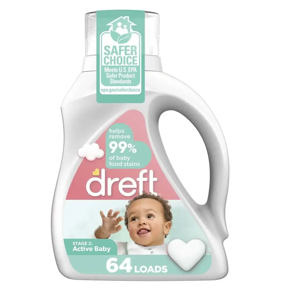 Dreft Active Baby Liquid Laundry Detergent Stain Removing 3-in-1 Formula Sensitive Skin 64 Loads 92 fl oz Hypoallergenic Gentle