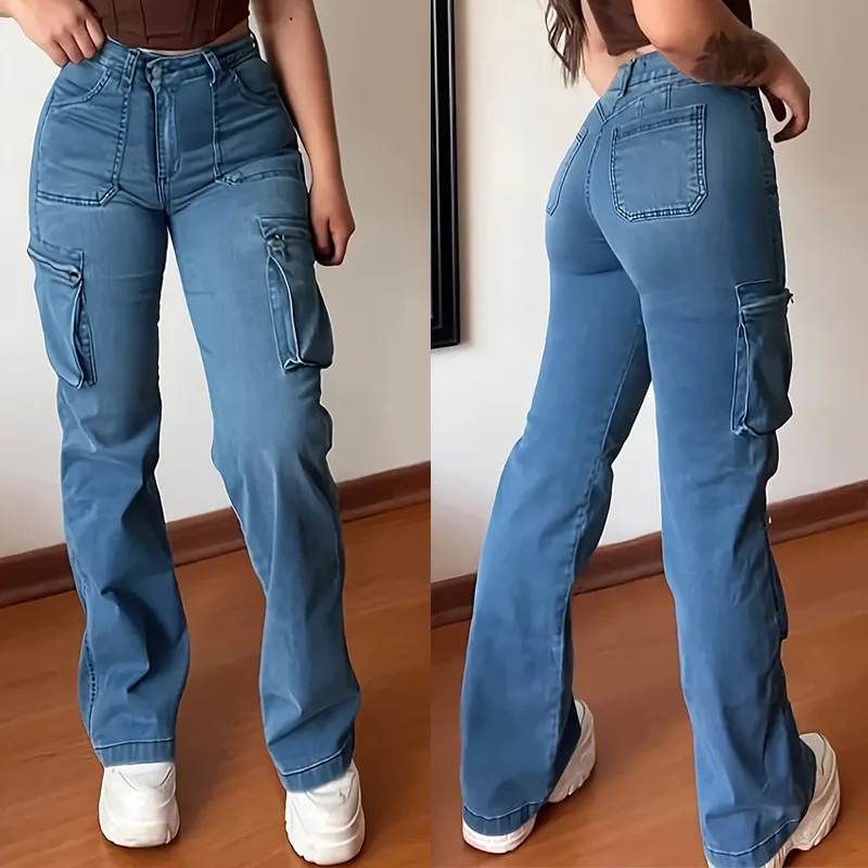 

Denim Jeans Women Solid Jean Pocket Zipper Fly Mid Waist Full Length Cargo Pants Slight Strech Loose Fit Streetwear 2025 Autumn