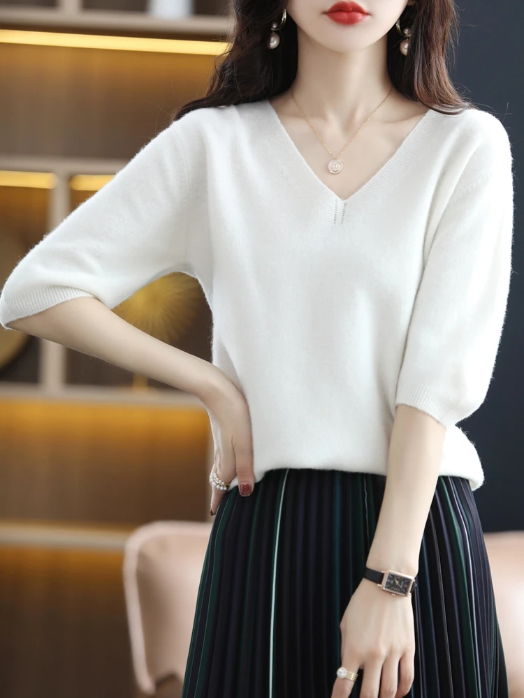 

New 100% Merino Wool Women V-Neck Pullovers Spring Autumn Half Sleeve Sweater Wool Knitwear Korean Female Basic Clothing Tops
