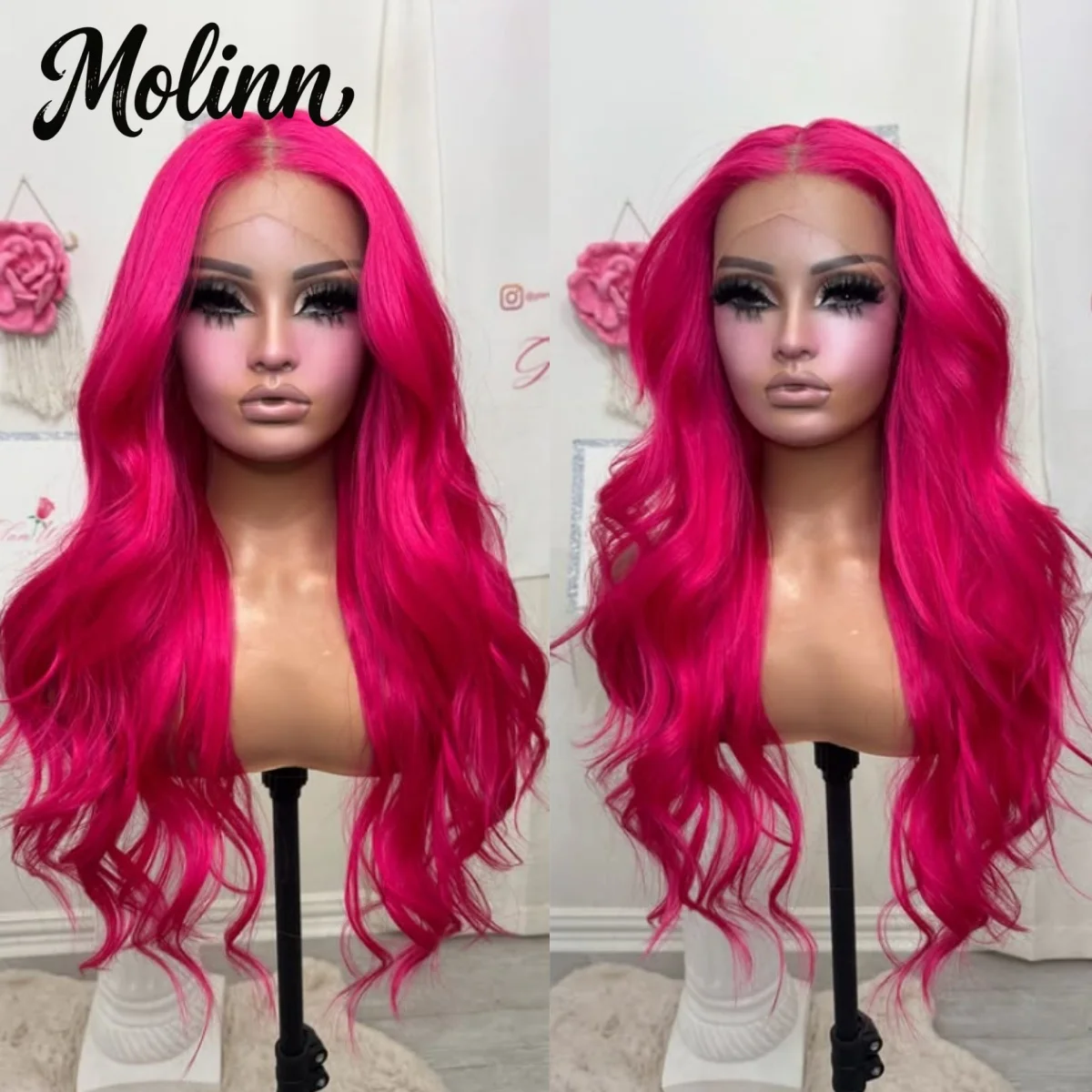 

Розовый парик с длинными волнистыми волосами, парик с кружевной передней частью 13x4, парик с HD-кружевом, термостойкий, без клея, предварительно выщипанный, синтетический, высокого качества, для косплея