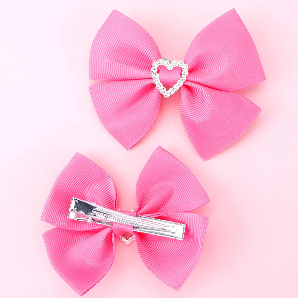 2Pcs/Lot Sweet Rhinestone Hairpins Solid Ribbon Hair Bows With Clips Kids Hair Accessories Toddler Bows Hair Clip Headwear