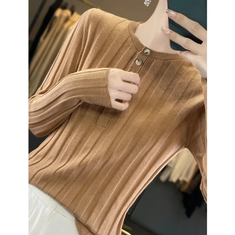 Slim Fit Half Open Collar Thin Wool Knitted Sweater Women Spring Autumn round Neck Base Shirt Versatile Fashion Simple Stripe