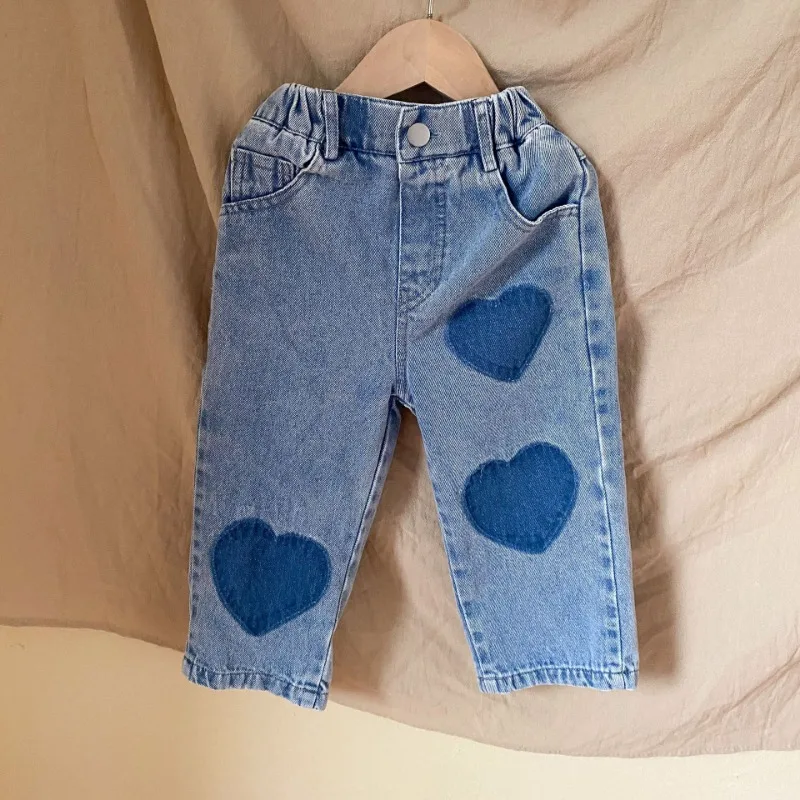 2024 Autumn Kids heart straight jeans Boys soft loose trousers Girls all-match casual denim pants