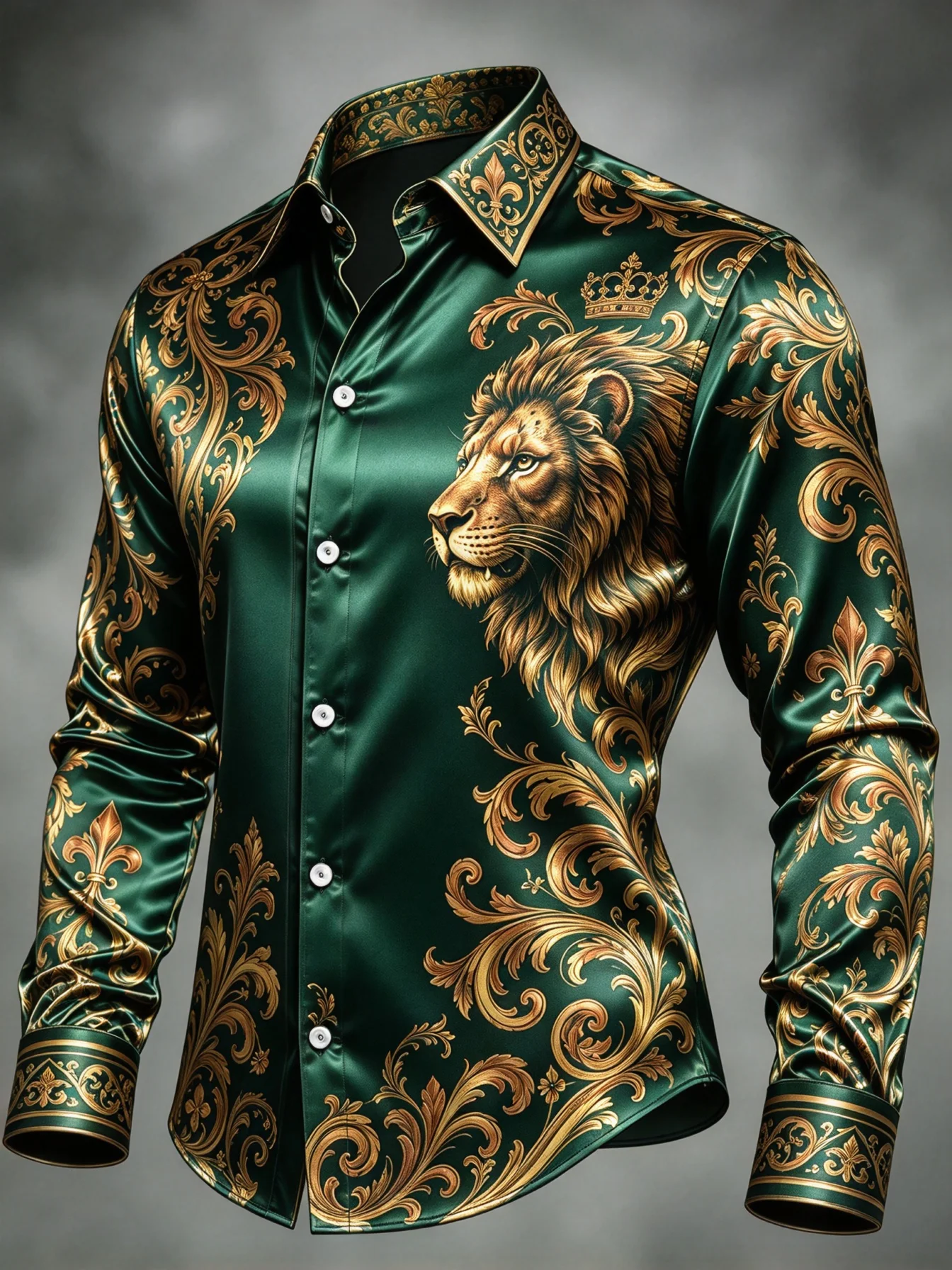 Men Luxury Satin Long Sleeve Shirt Blue Golden Lion Baroque Print Glossy Button Down Dress Shirt
