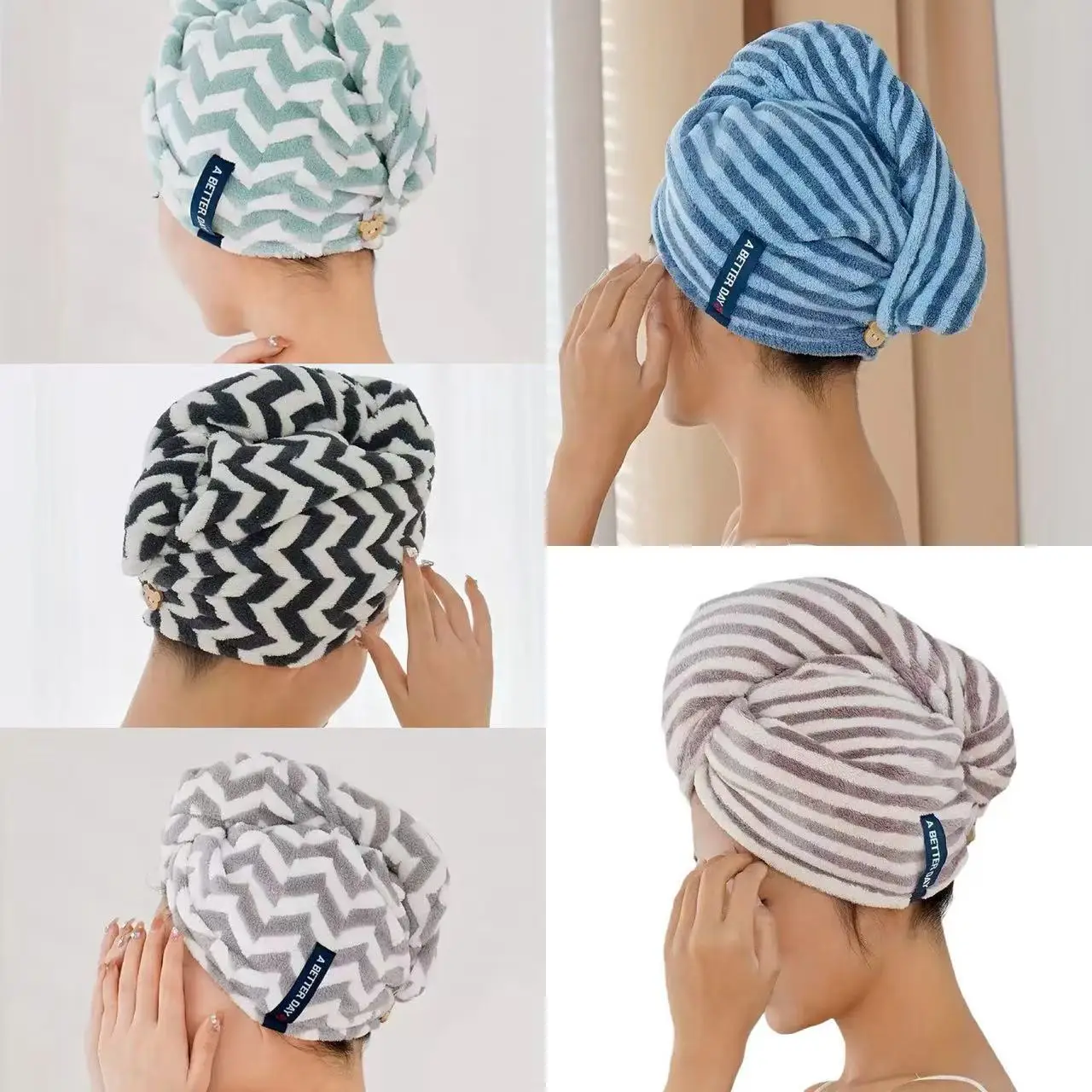 Microfiber Coral Velvet Dry Hair Towel Cap for Women Striped Pattern Quick-Drying Water-Absorbent Turban Shower Cap