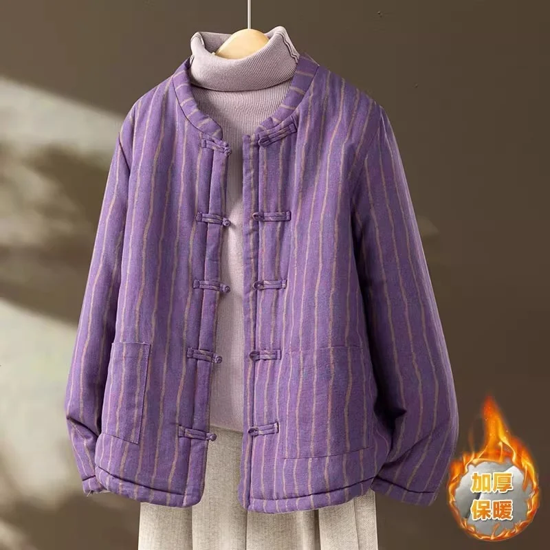 

Chinese Style Cotton Clothing Autumn Winter Standing Collar, Warm Quilted Stripe Jacket, Chinese Retro Button Short Coat w1662