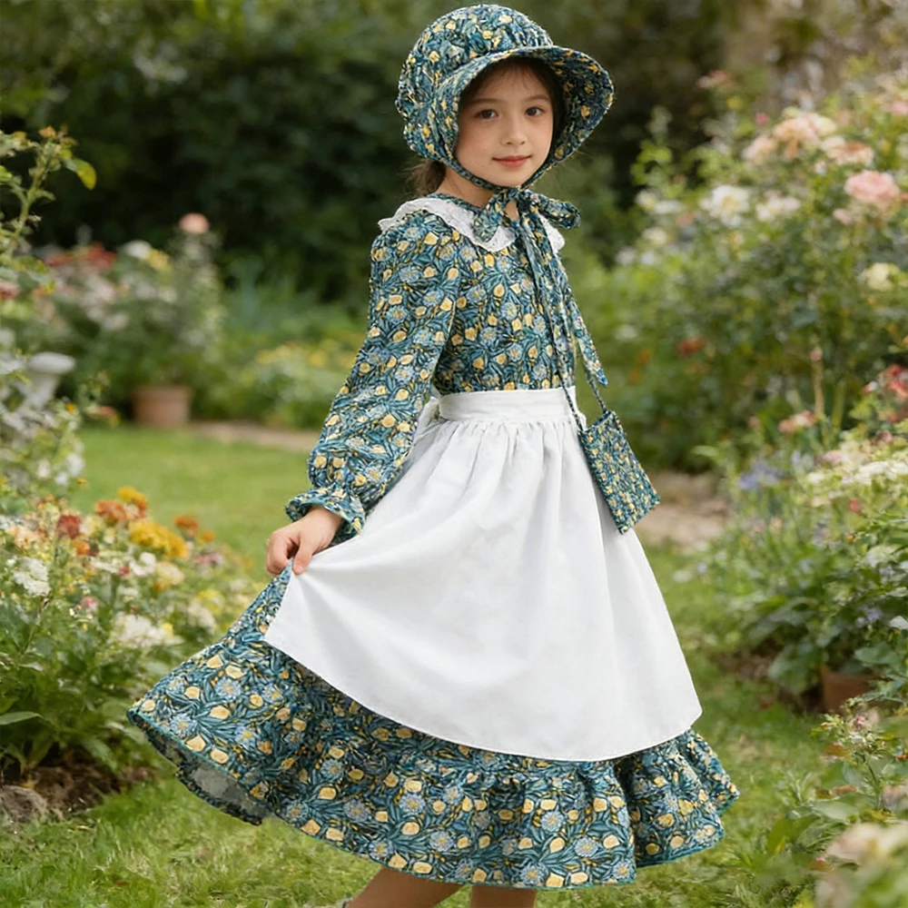 

3PCs Casual Girls Dress California Countryside Style Costume Princess Girl Floral Dress Spring Outdoor Dress Children's Clothing