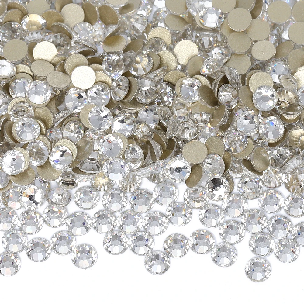 SS3-SS60 All Size Golden Bottom Glass Round Rhinestones Flatbase Non Hotfix Crystal For Nail Art Charms Wedding Dress Decoration
