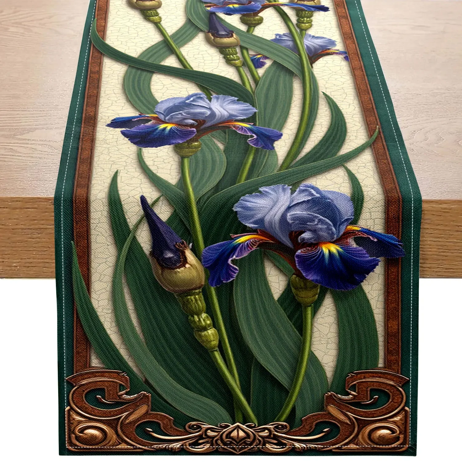

Iris Theme Table Runner, Green Leaves, Suitable for Spring Garden Parties, Flower Theme Parties, Home Daily Decoration
