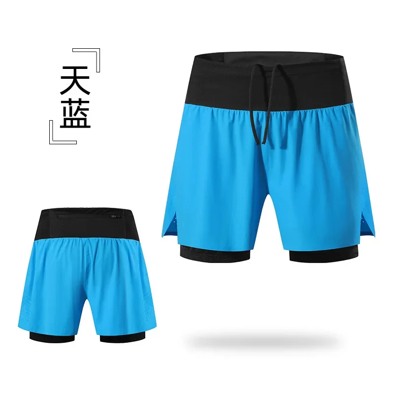 Double-deck Outdoor Marathon Basketball Running Mens Gym Fitness Run Shorts Quick Drying Pocket Traning Jogging Workout Shorts