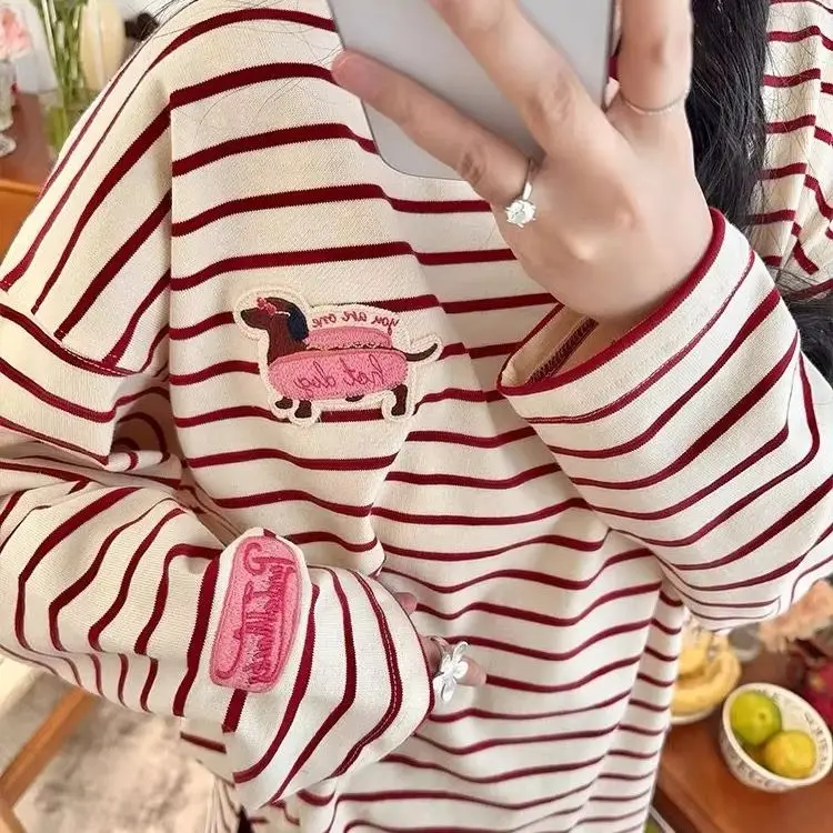 

Long-Sleeved Striped T-Shirt Embroidered Autumn Pure Cotton Round Neck Casual Bottoming Contrast Color Loose Versatile Top