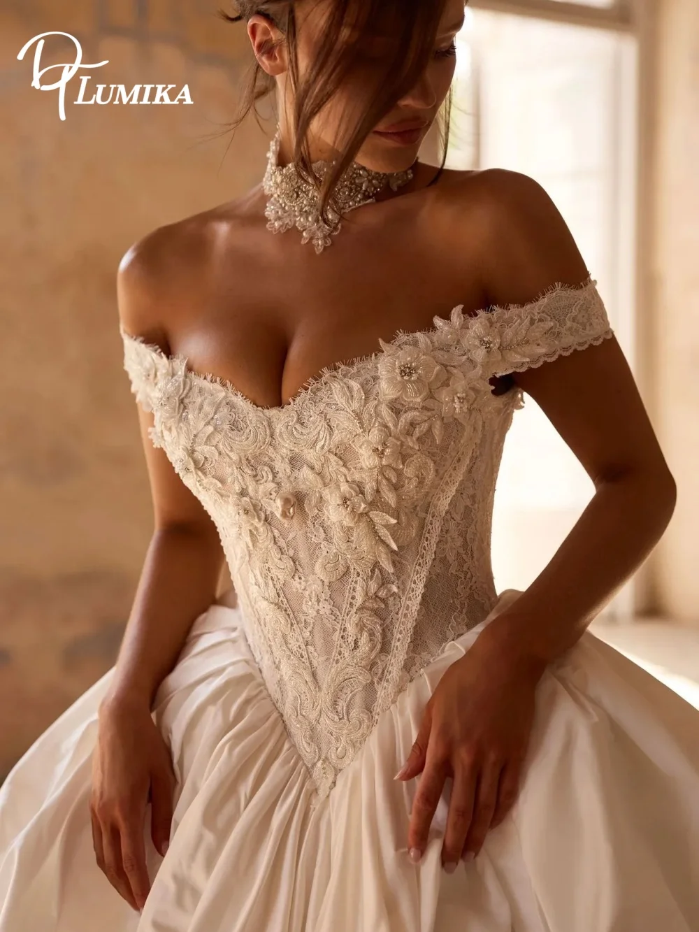 Stunning Off Shoulder Ballgown Wedding Dress 2027 Graceful Lace Bodice Dramatic Satin Volume Skirt Plus Size Custom Bridal Gown