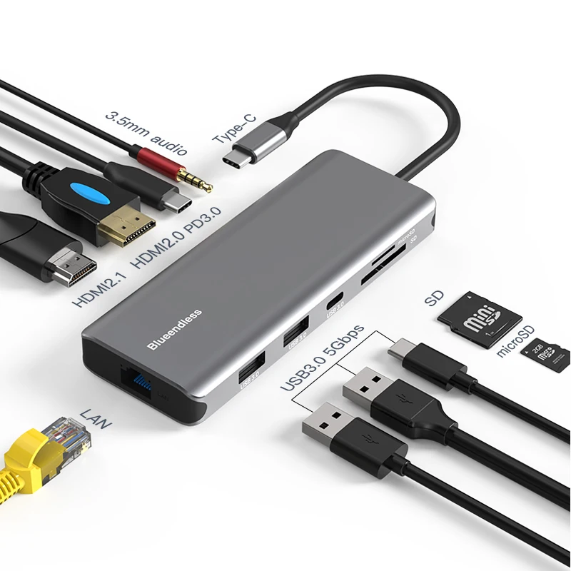 Blueendless Usb C Hub 10พอร์ตฟังก์ชั่น4K120Hz จอแสดงผลประเภท C แท่นวางมือถือ Ethernet Adapter USB 3.0 HUB สำหรับแล็ปท็อป