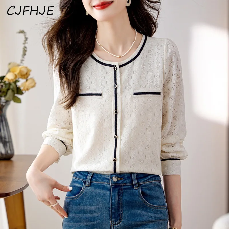 

CJFHJE New Small Fragrant Wind Woven Belt Round Neck Women's Lace Shirt Spring Fashion Elegant Long Sleeved Women Shirt Top